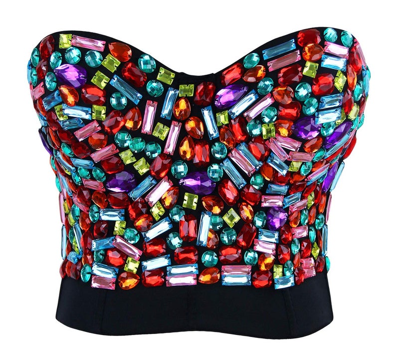 Charmian Women's Colorful Rhinestone Push Up Bra Clubwear Party Bustier Crop Top Valentines Bra Top Black XX-Large - Image 1
